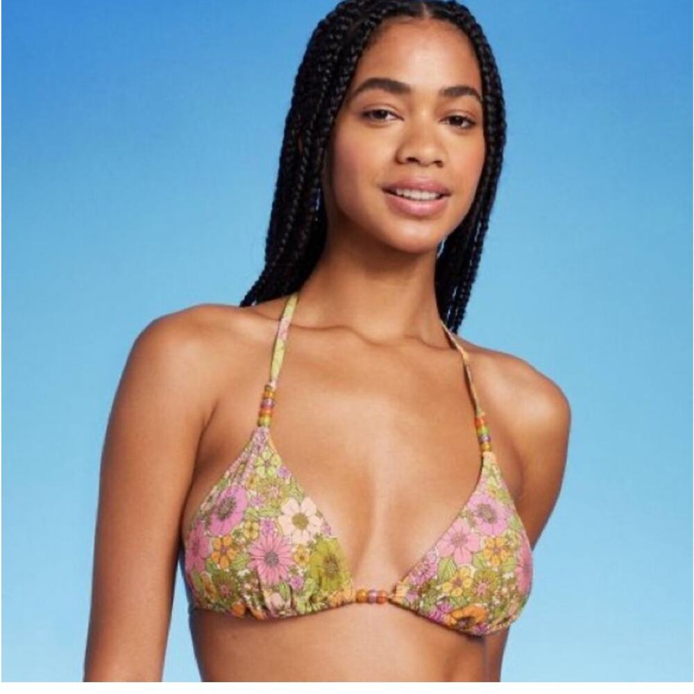 Wild Fable Beaded Strap Triangle Bikini Top Pink Lurex Women's Size XS (0-2)
